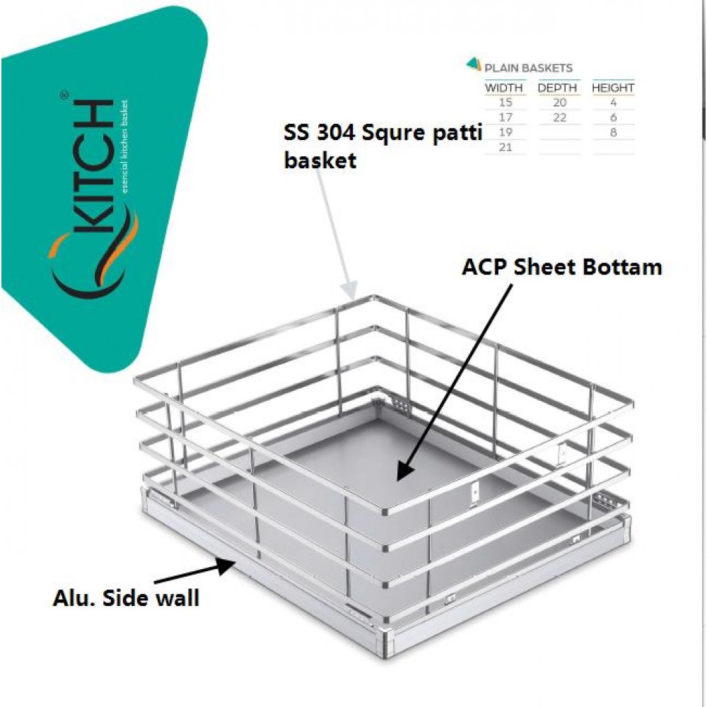 SS 304 Luxury Square Kitchen Basket Plain  height 4-6-8 Inches 